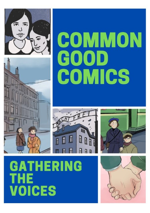 Cover of the Common Good Comics, Gathering the Voices, with the title in green on blue beside drawings of people from the comic.