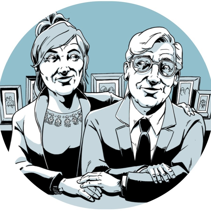Comic-style illustration of Isi and Dany Metzstein sitting side by side, smiling, with framed family photographs behind them.