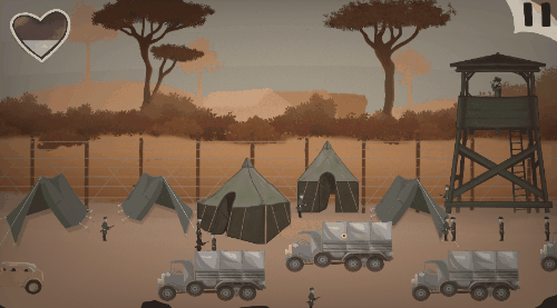 Army camp scene with tents, trucks and a guard tower. The heart in the top left is almost empty, showing the stress meter draining.
