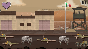 Airfield scene with parked planes and trucks, an Italian flag and a guard tower. A purple heart in the top left shows the stress meter.
