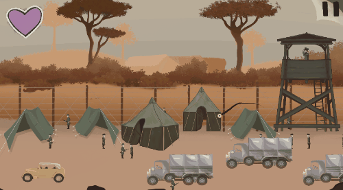 Army camp scene with green tents, grey trucks and a guard tower. A full purple heart shows in the top left corner.