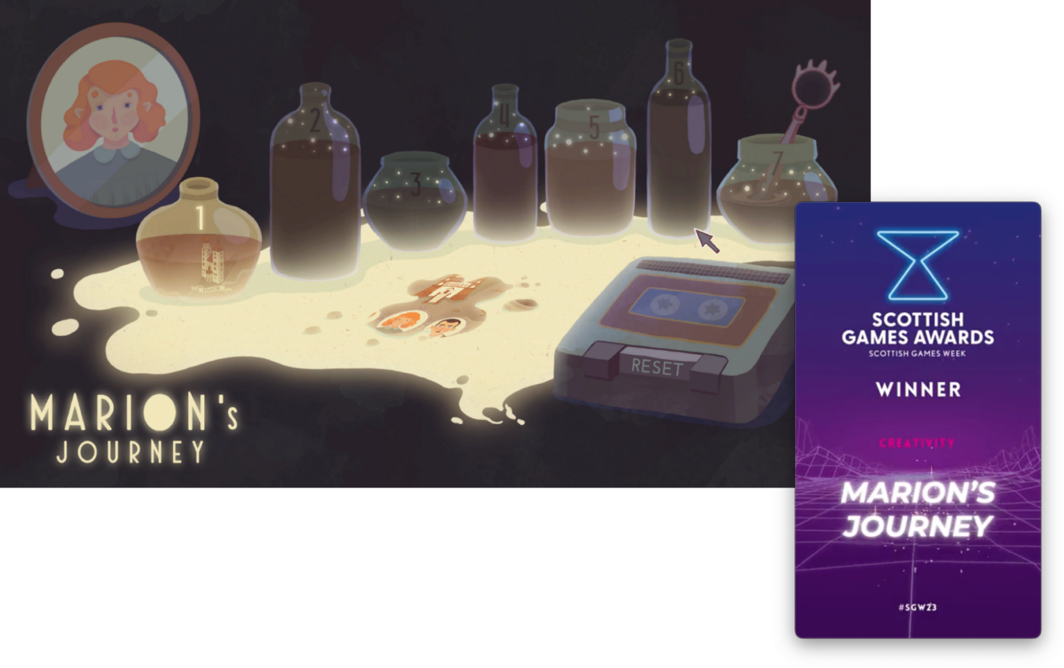 Marion’s Journey game scene with numbered bottles, a portrait and a cassette player, beside a Scottish Games Awards winner card.