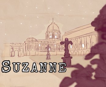 Suzanne game title over a sketch of a palace in Budapest at night.