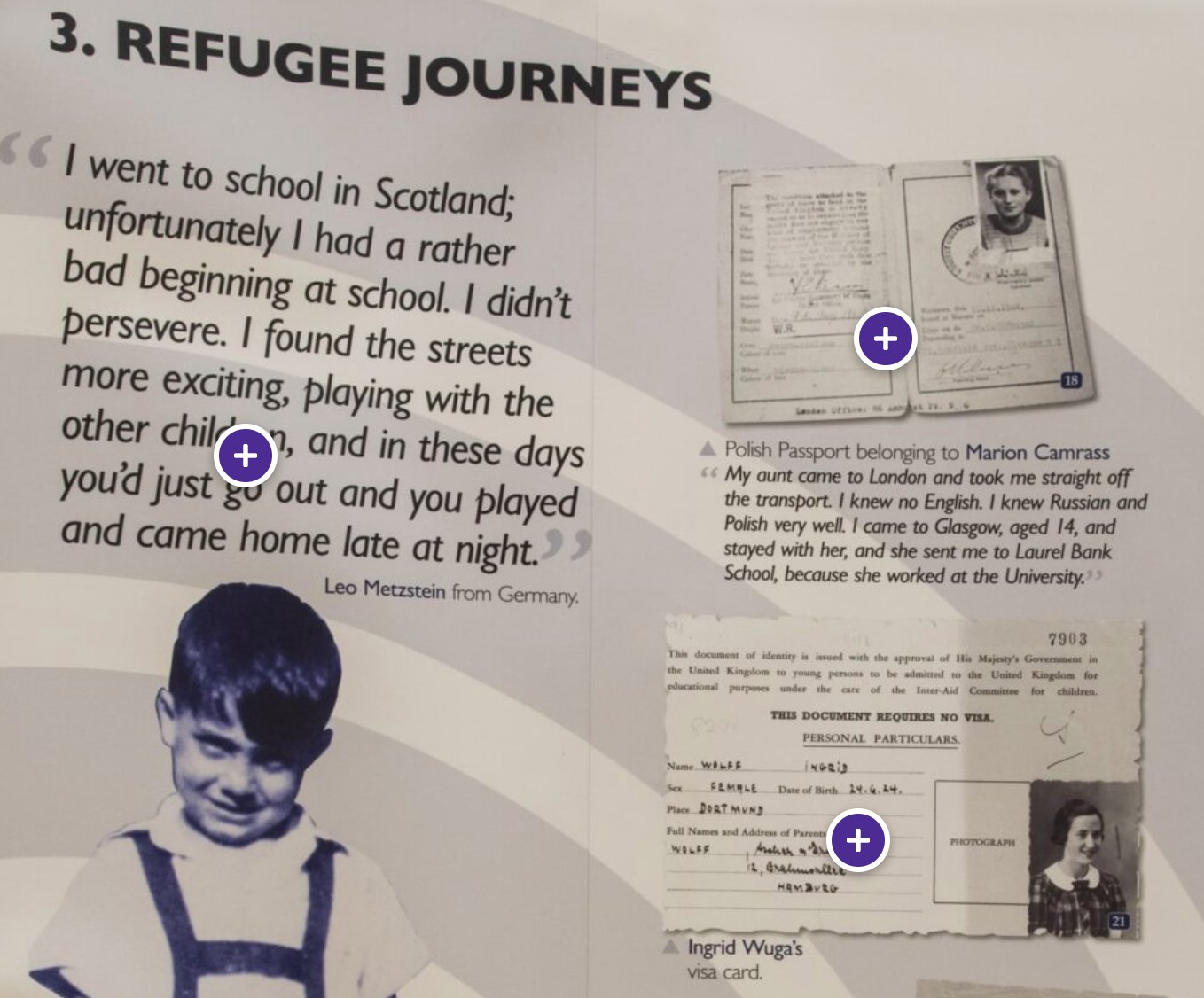 Exhibition panel titled Refugee journeys with a quotation, a passport and photographs.