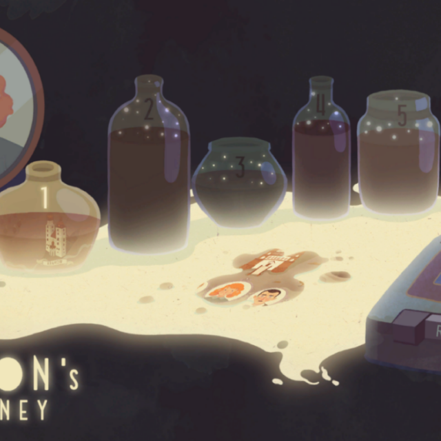 Marion’s Journey game scene with numbered bottles, a portrait and a cassette player.