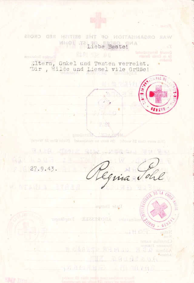 Regina Pohl replies on 27th September 1943