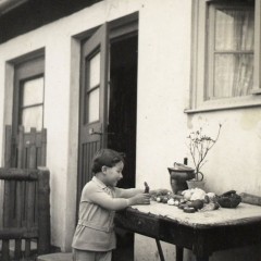 At Easter, collecting chocolate eggs and animals hidden in our garden