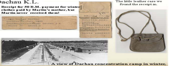 Collage about Dachau: a receipt for 50 Reichsmark paid for winter clothes that Martin never received, a small leather case, and a view of Dachau concentration camp in winter.
